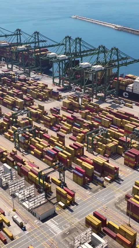 Aerial view of container terminal with shipping containers at cargo port Video stock 340235069