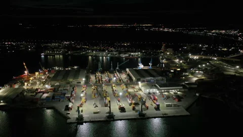 Aerial view to a container unloading terminal of port of Burgas, Bulgaria 스톡 동영상 317165414