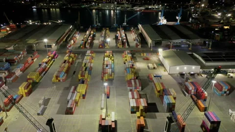 Aerial view to a container unloading terminal of port of Burgas, Bulgaria 스톡 동영상 317166045