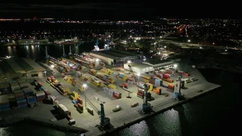 Aerial view to a container unloading terminal of port of Burgas, Bulgaria 스톡 동영상 317171779
