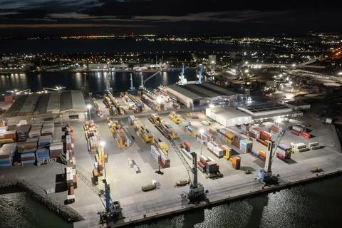 Aerial view to a container unloading terminal of port of Burgas, Bulgaria Stock-Fotos