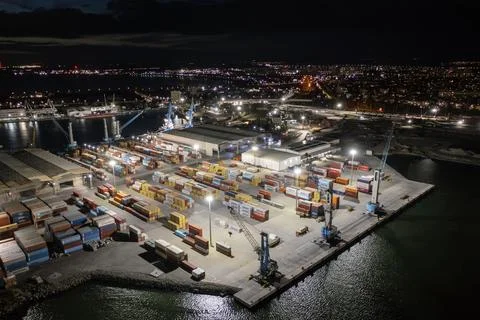 Aerial view to a container unloading terminal of port of Burgas, Bulgaria Foto stock