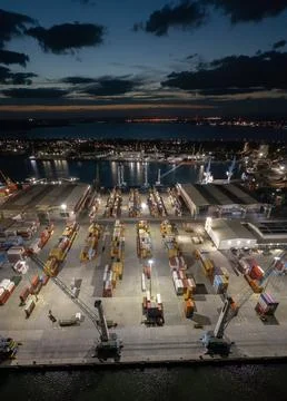Aerial view to a container unloading terminal of port of Burgas, Bulgaria Stock-Fotos