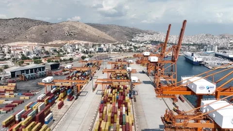 Aerial view of containers and cranes, Piraeus-Greece, 5 March 2023 Stock Footage 262374099