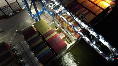 Aerial View of Containers Being Loaded onto Cargo Ship Stock Footage 163785813