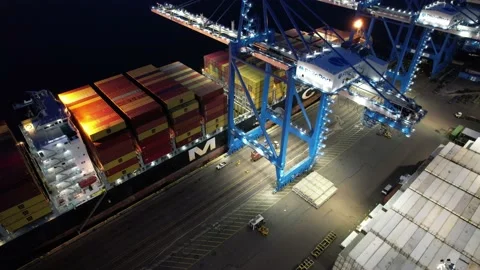 Aerial View of Containers Being Loaded onto Cargo Ship Stock Footage 163786066