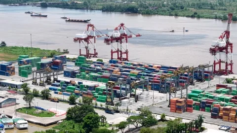 Aerial view of containers stacked in the port area and ready to be loaded o.. Stock Footage 336085147