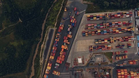 Aerial view containers with valuable materials and fuel located at the seaport Video stock 113190985