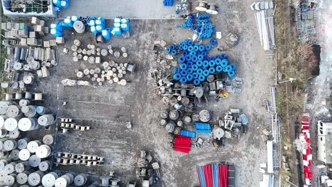 Aerial view continuous arrangement of materials in an industrial warehouse Video stock 332133187