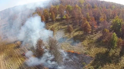 Aerial view of a controlled fire, camera moving away. Video stock 43738491
