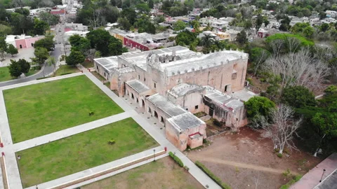 Aerial view of Convent de San Bernardino de Siena in Valladolid, Mexico Stock Footage 155902027