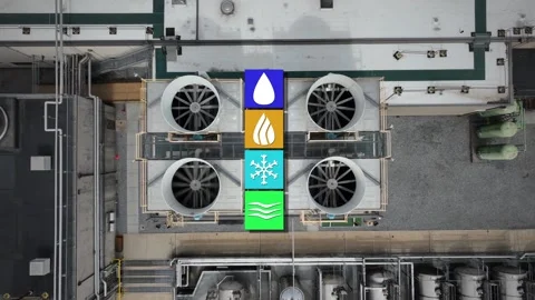Aerial view of a cooling system with four large fans and colorful icons Stock Footage 277562230