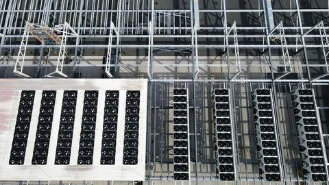 Aerial view of cooling systems on data center rooftop Stock Photos