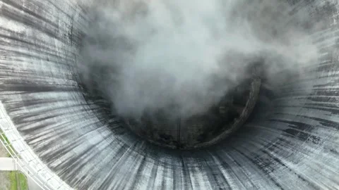 Aerial view of cooling tower at thermal power plant with steam rising Видео 335477234