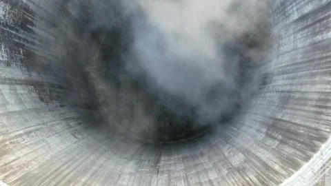 Aerial view of cooling tower at thermal power plant with steam rising Stock Footage 341470266