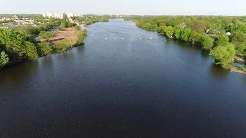 Aerial View Cooper River Boating Rowing Pennsauken New Jersey Stock Footage 75171246
