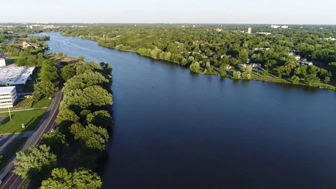 Aerial View Cooper River Boating Rowing Pennsauken New Jersey 스톡 동영상 76593563