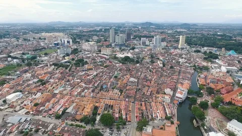 Aerial view of core heritage area and buffer zone of Malacca heritage site Stock Footage 123342363