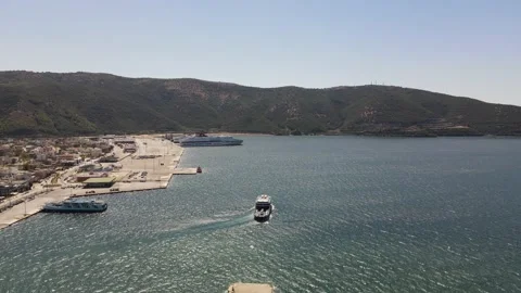 Aerial view corfu lines ferry is leaving the port and harbor of igoumenitsa city Stock Footage 138647293