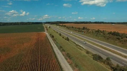 Aerial view of corn field next to road Stock Footage 77681575