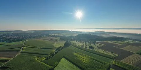 Aerial view of corn fields and sun Stock Photos