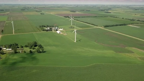 Aerial view of corn fields with spinning wind turbines in Minnesota, USA Stock Footage 113204188