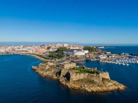Aerial view of A Coruna and Castle of San Anton in Galicia Stock Photos