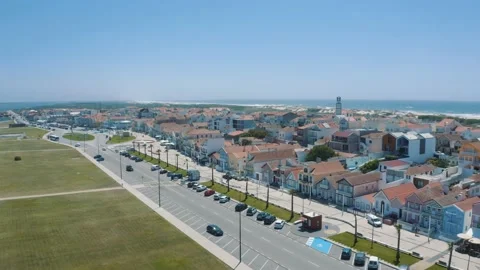 Aerial View of  Costa Nova Do Prado in Portugal, colorful and striped houses 4K Stock Footage 162956667