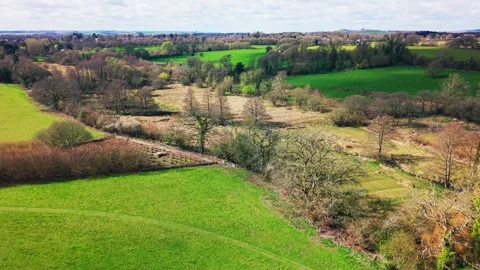 Aerial view of countryside fields hedgerows and trees in UK landscape Vídeos de archivo 333892350