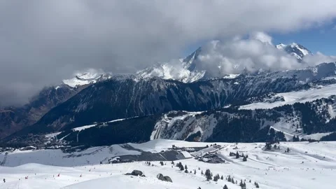 Aerial view Courchevel ski slopes and airport by winter Stock Footage 337091226