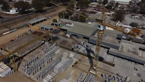 Aerial View of Crane and Rows of Precast Concrete Products Video stock 342609781