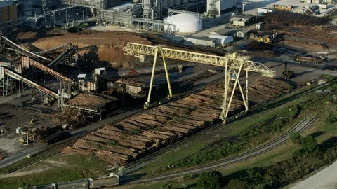 Aerial view crane moving timber to be processed Stock Footage 98634531