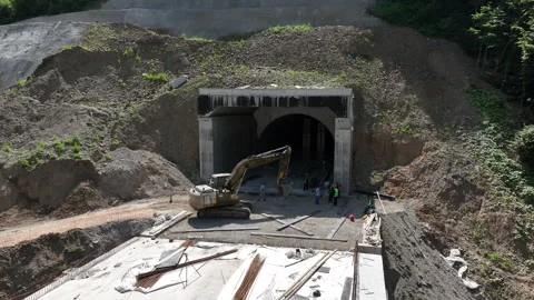 Aerial view of cranes and bridge foundation pillars on construction site 스톡 동영상 280552298