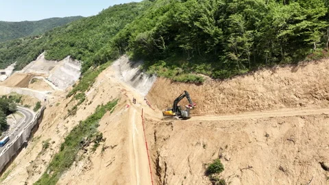 Aerial view of cranes and bridge foundation pillars on construction site Video stock 280565893