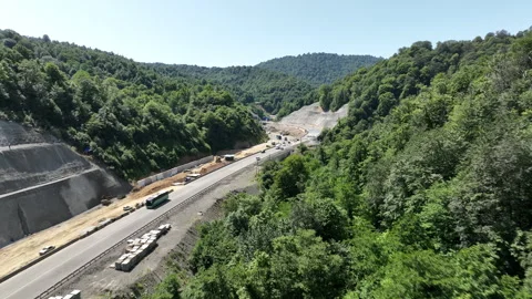 Aerial view of cranes and bridge foundation pillars on construction site Stock-Footage 280611637