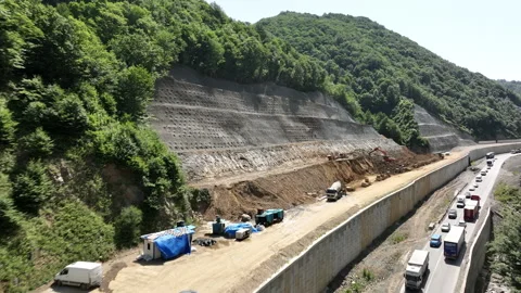 Aerial view of cranes and bridge foundation pillars on construction site Video stock 280612823