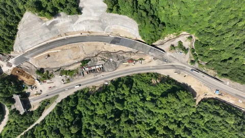 Aerial view of cranes and bridge foundation pillars on construction site Stock-Footage 280613226