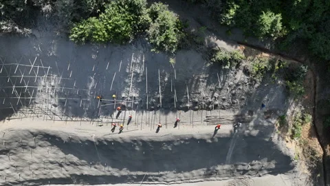 Aerial view of cranes and bridge foundation pillars on construction site Video stock 280652903