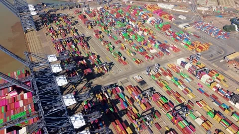 Aerial view of cranes and containers, United Kingdom. Stock Footage 332068093