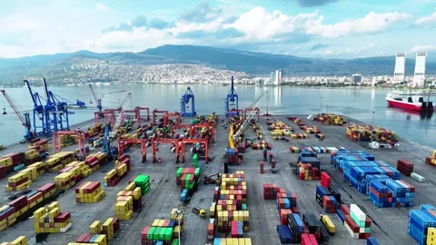 Aerial view of cranes and counters loading in port Stock Footage 241795877