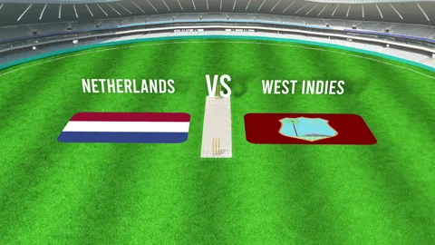 Aerial View of Cricket Stadium with NETHERLANDS and West Indies Flags on Ground Stock Footage 283249082