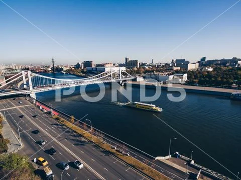 Aerial view of the Crimean (Krymsky) bridge on Moscow river in Moscow city, R Stock Photos