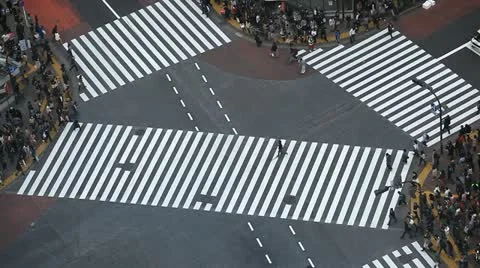 Aerial View Crosswalk Pedestrian Busy Street Crossing Tokyo People Crowd Shop Stock Footage