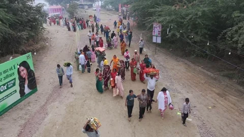 Aerial View of Crowd Leaving After Chhath Puja Festival Stock Footage 332099357
