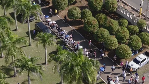 Aerial view of crowd queuing at Higüey Basilica, Dominican Republic Stock Footage 328335148