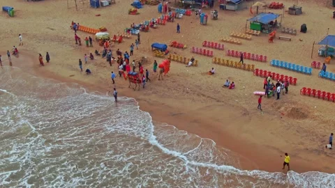 Aerial view of a crowded beach in India, Puri, Orissa. 4k Video stock 134984433