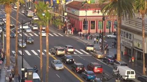 Aerial view crowded Hollywood Bl sunset tourist people visit walk fame day icon Stock Footage