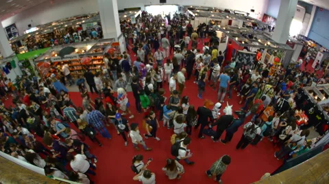 Aerial View Of The Crowded Main Hall Of A Big Convention, Fish Eye Stock Footage 64334497