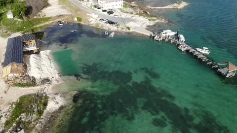 Aerial View of Crown Haven Speed Boat Dock, Abaco, Bahamas Stock Footage 136108932