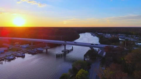 Aerial view of Crows Bluff bridge at sunset, United States. Stock Footage 340632044